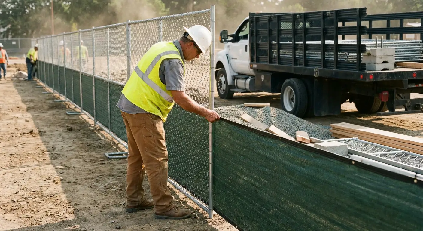 Privacy windscreen installation on construction fence in Highland, CA