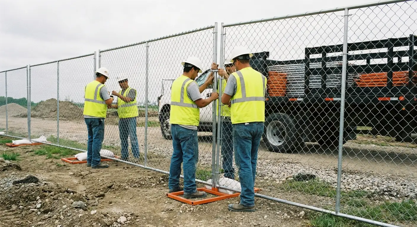 Base Line Temp Fence team installing temporary fencing in Highland, CA