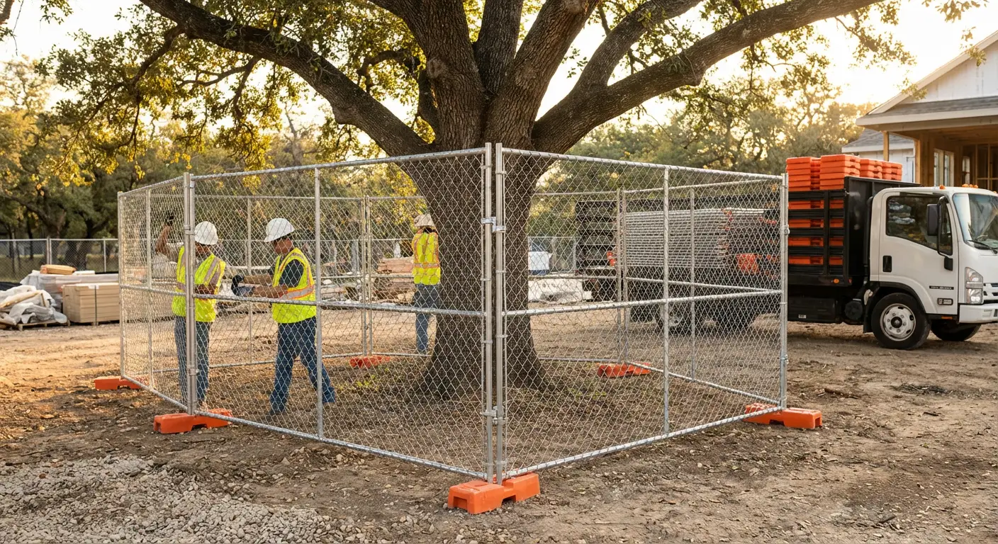 Tree protection zone fencing background in Highland, CA