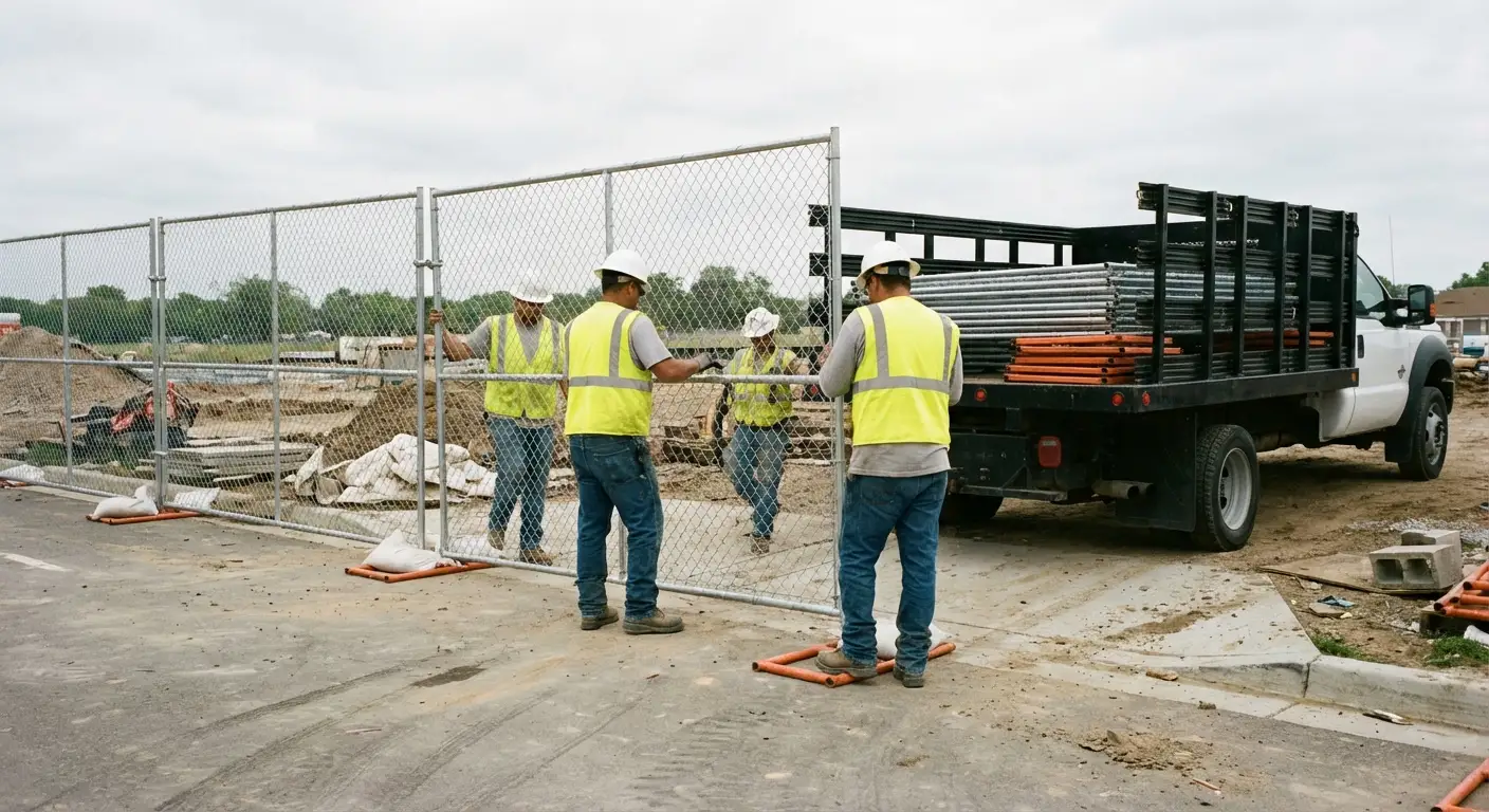 Base Line Temp Fence team securing a construction site perimeter in Highland, CA
