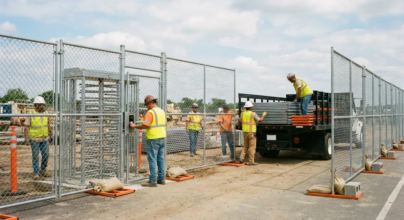 Secure construction site with temporary fencing in Highland, CA